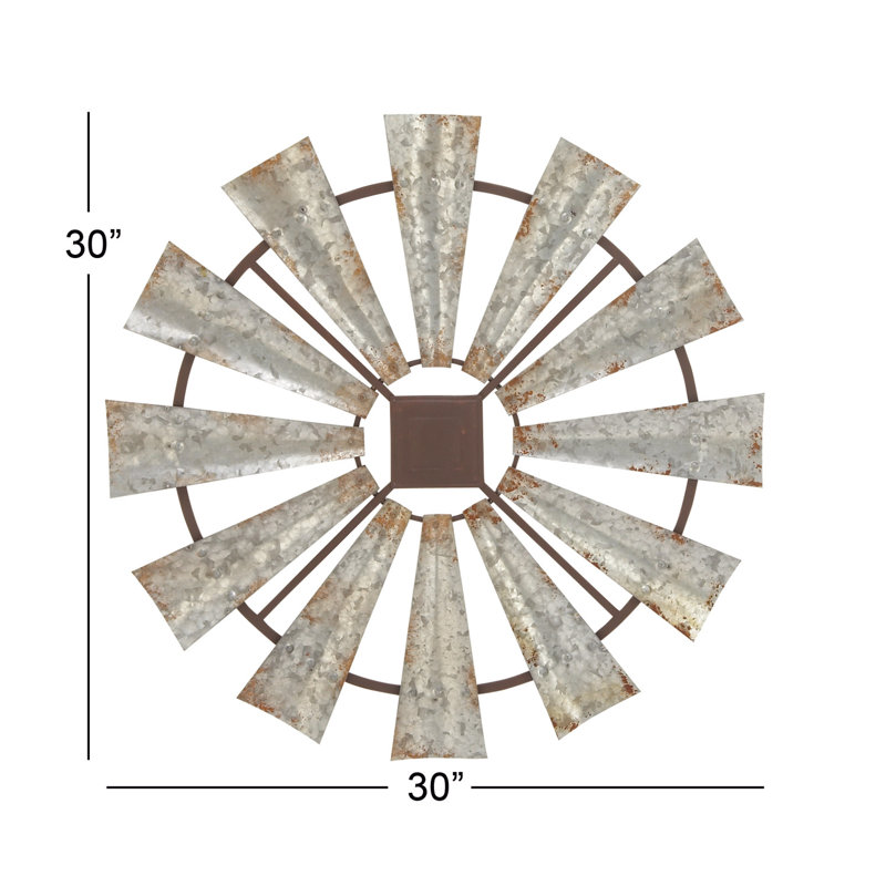 Metal Distressed Galvanized Windmill Silver Wall Decor with Rust Frame, 30" H x 30" W x 1" D