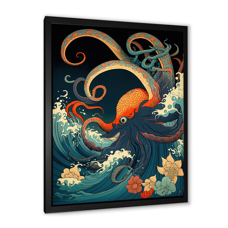 Paysage japonais avec pieuvre V - Japon, art mural, H 40 po x l 30 po x P 1,5 po, Impression noire sur toile encadrée