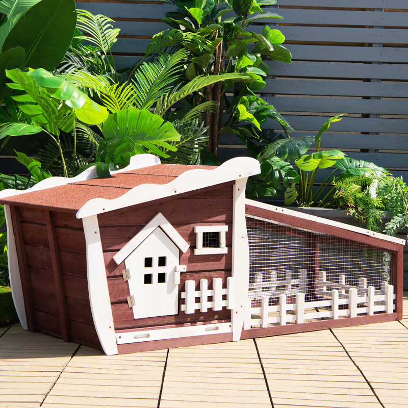 Red and White Wooden Rabbit Hutch with Pull Out Tray