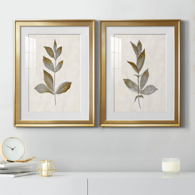 Bronze Leaf I - ensemble de 2 reproductions, Impression encadrée avec passe-partout, H 26,5 po x l 73 po, Doré