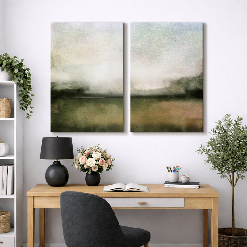 Minimal Landscape "Muted Green Watercolor Artwork, Classic Simple Minimalist Wall Pictures, Framed Canvas Giclee Print 2 Pieces Wall Art Set"