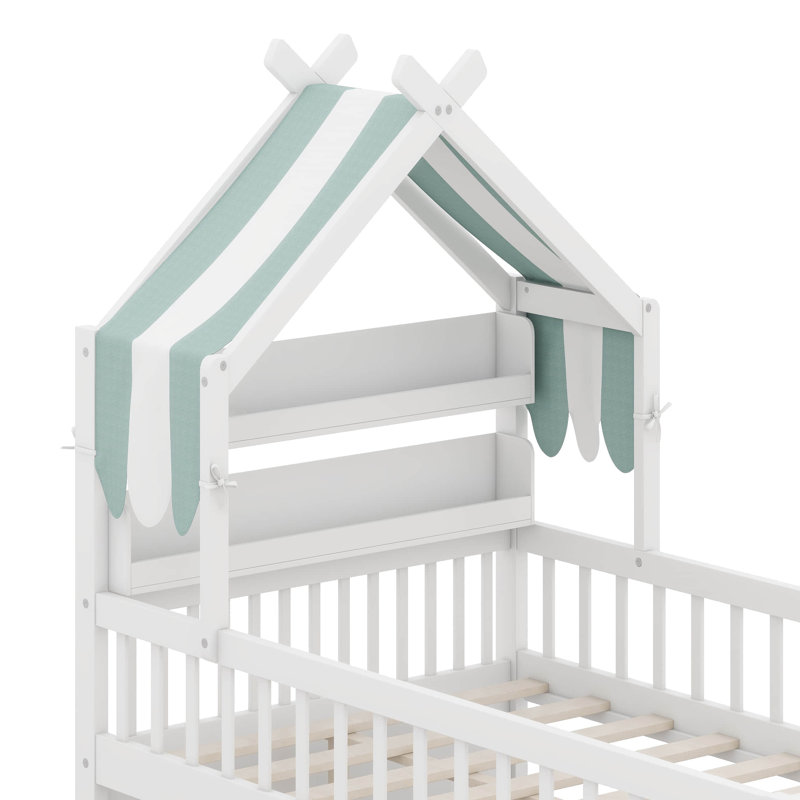 Lit maison avec tablette de tête de lit et auvent amovible, cadre de lit plateforme en bois avec Guardrai, Lit simple, Blanc