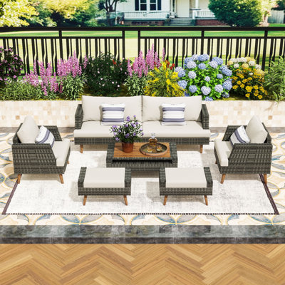 6-Piece All-Weather PE Wicker Patio Conversation Sets with Sofa, 2 Chairs, 2 Ottomans, Coffee Table and Protective Cover