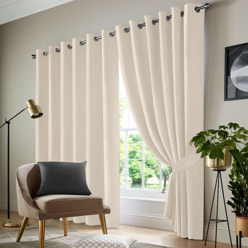 100 % Polyester Blackout Eyelet Room Darkening  Thermal Curtain (Set of 2), Cream, 168 cm Width x 183 cm Drop