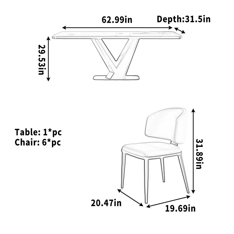 Table de salle à manger rectangulaire, 7 pièces : table, 6 chaises, H 29,53 po x l 62,99 po x P 31,5 po