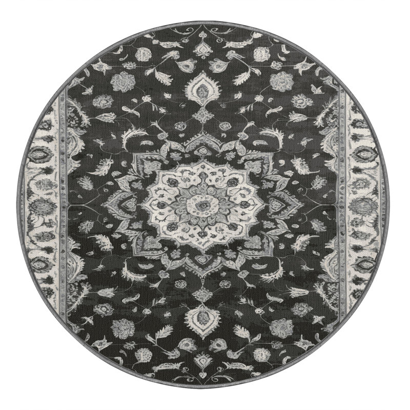 Tapis brun Tabriz lavable à la machine, Rond 4 pi