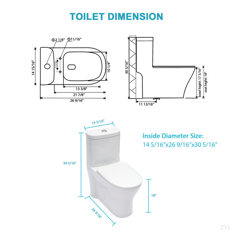 Ceramic One Piece Toilet For Bathroom, 12-Inch Rough-In, 1.1/1.6 GPF, Dual Flush With Soft Clsoing Seat, Powerful Dual Flush
