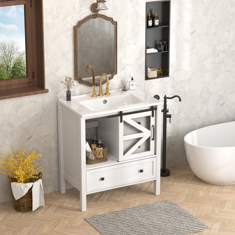 30"Single Bathroom Vanity With Sink & Barn Door, Farmhouse Style Vanity Set, White
