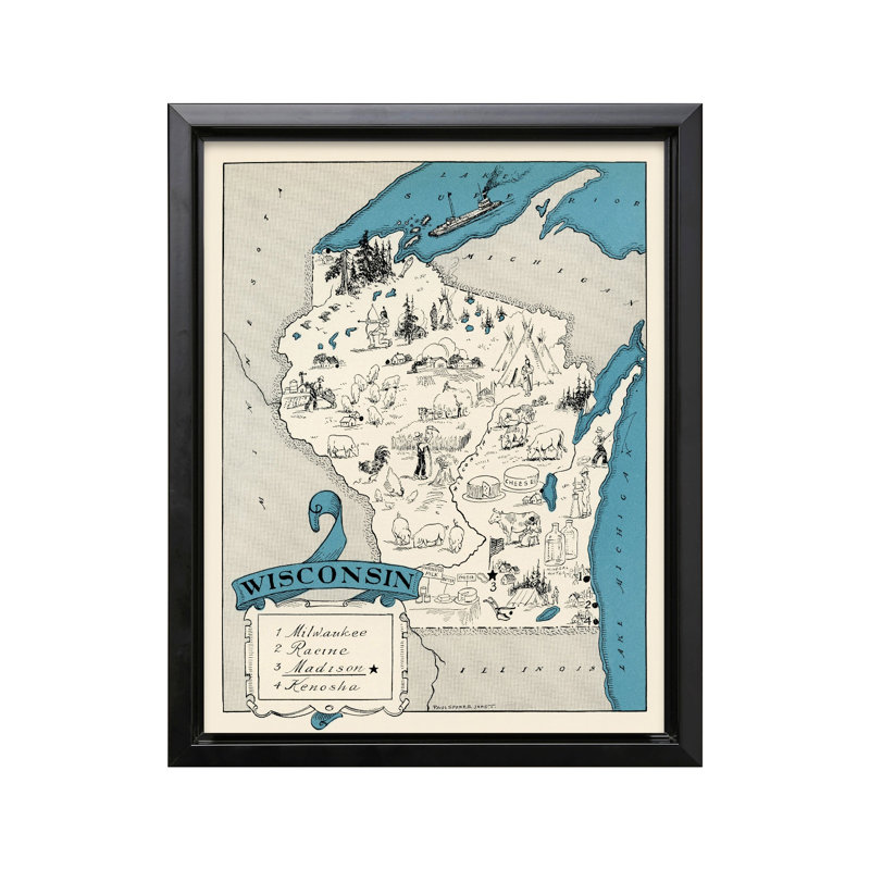 Carte illustrée du Wisconsin, Cadre noir, Canevas, H 24 po x l 32 po