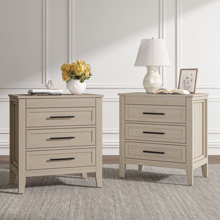 Giordana 28"W Transitional 3-Drawer Nightstand with  Hidden Pull-out Drawer and Built-In Power Outlet(Set of 2)