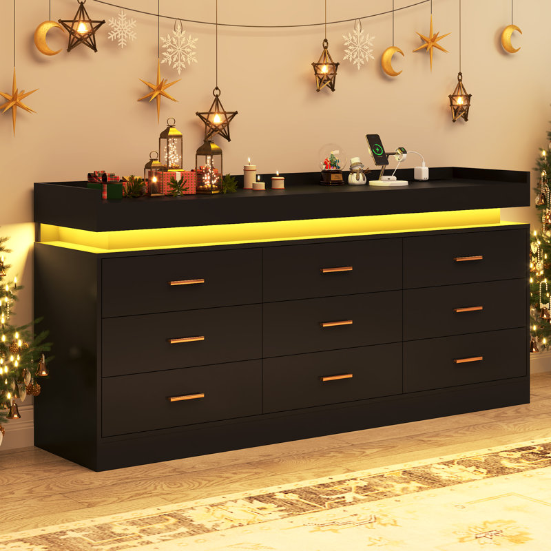 Tyson 9 - Drawer Dresser with LED Strip and Quick-charging Power Station, Black