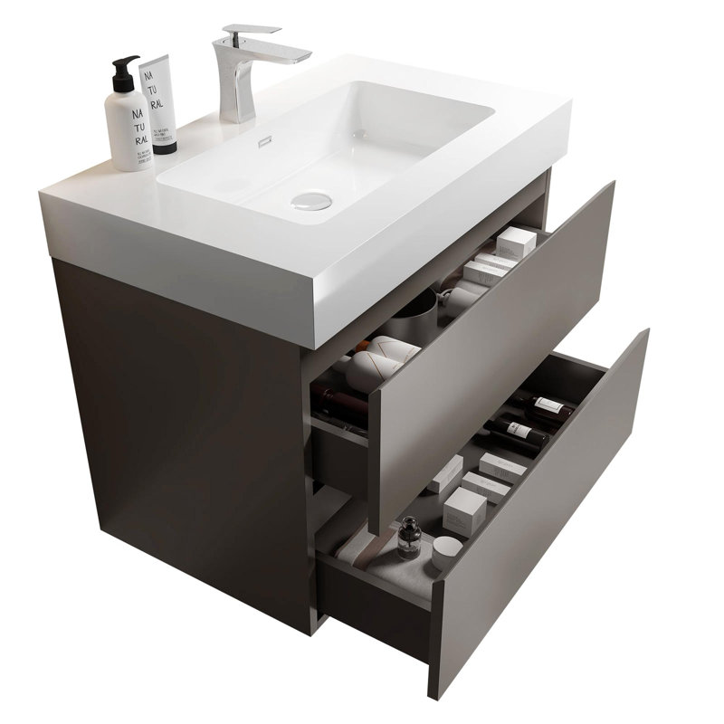 Meuble-lavabo moderne avec lavabo, Gris, Blanc