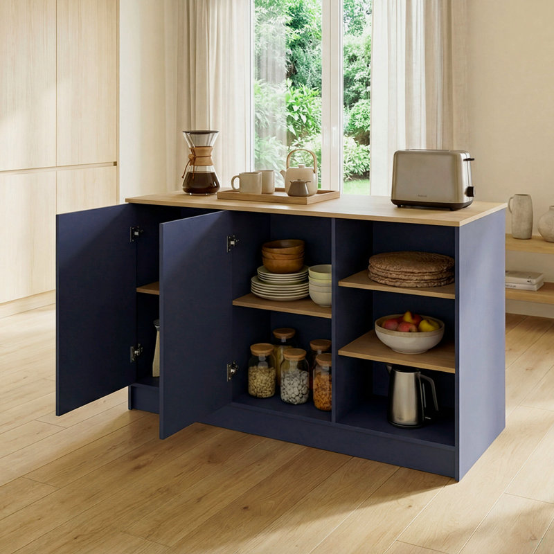 Ginger Kitchen Island With Spacious Dining Countertop, Three Open Storage Shelves, Dual Cabinet Doors With Interior Shelves And Functional Floorstanding