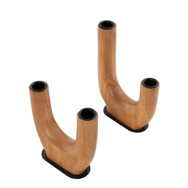 Ensemble de porte-bougie Cole et gris en bois fait à la main avec grain de bois naturel et base en métal noir