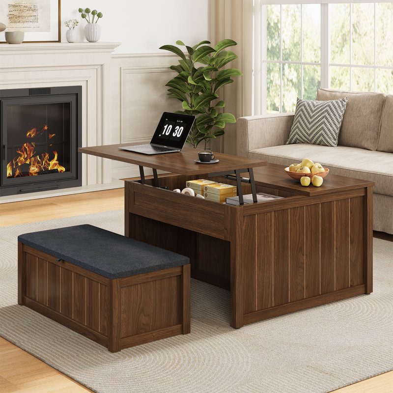 Table basse carrée relevable de 80 cm avec banc, ensemble table basse de style ferme pour salon, Noyer