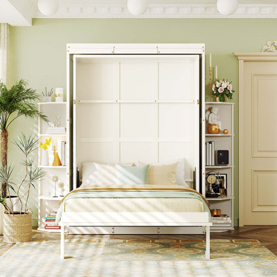Lit escamotable double rotatif avec armoire murale cachée, deux tablettes latérales à 3 niveaux, bureau convertible, supports de rangement supplémentaires, lit mural multifonctionnel peu encombrant pour le bureau à domicile et les petites pièces