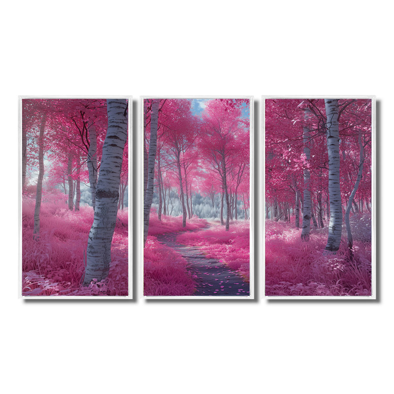 Bouleaux roses, chemin forestier, Panorama III, ensemble d'art mural forêt, H 28 po x l 36 po x P 1 po