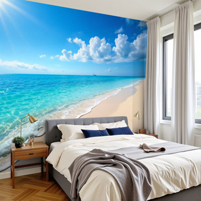 Papier peint adhésif Coastal Tropical Beach Turquoise Ocean Water White Sand Shoreline Bright Blue Wall Wallals