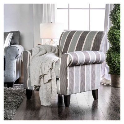 Chaise d'appoint transitionnelle à dossier haut avec accoudoirs roulés, tissu rayé bleu-gris, structure en bois massif