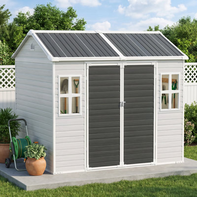 Kirklin 8X6 FT Resin Storage Shed, Waterproof Large Outdoor Sheds With Floor Included & Adjustable Openable Windows, Outside Plastic Tool Shed For Backyard Patio Poolside Garden, Dove Grey