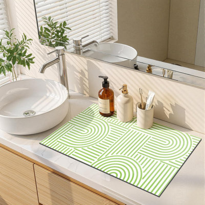 Dish Drying Mat, 17.5" x 29.5" Super Absorbent Dish Mat with Modern Geometric Striped, Hide Stain Drying Mat for Kitchen Counter, Under Dish Rack, Coffee Maker, Espresso Machine, Green & White