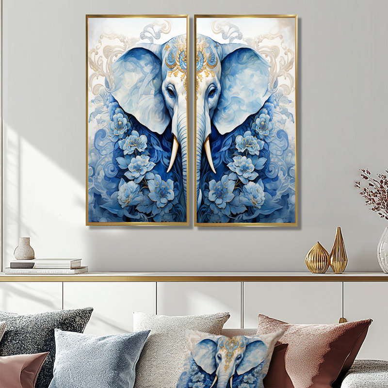 Hindou d'éléphant majestueux - art mural traditionnel, H 32 po x l 32 po, Impression encadrée flottante, Doré