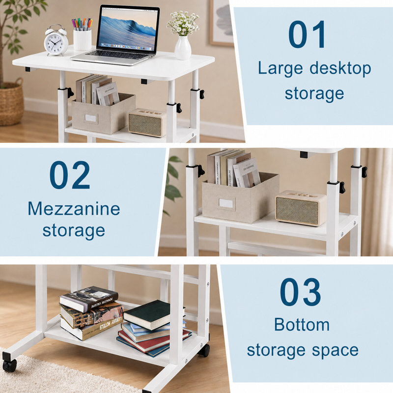 Height Adjustable C Shape Laptop Table with 2 Shelves, 31.5"