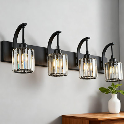 Applique murale moderne à 2 lumières pour meuble-lavabo moderne en cristal noir avec abat-jour en cristal K9 et finition résistante à l'humidité