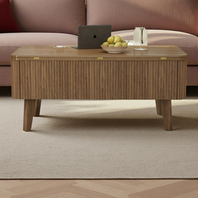3 In 1 Lift Top Coffee Table, Fluted Convertible Coffee Tables Converts To Dining Tables, Modern Oval Wooden Center Table With Storage For Living Room Office Small Space