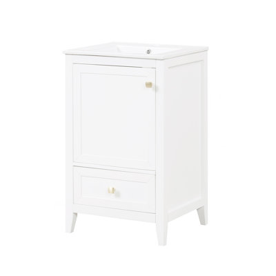 Meuble-lavabo de 20 po avec lavabo, armoire de salle de bain avec porte à fermeture douce, support de rangement et tiroir, blanc