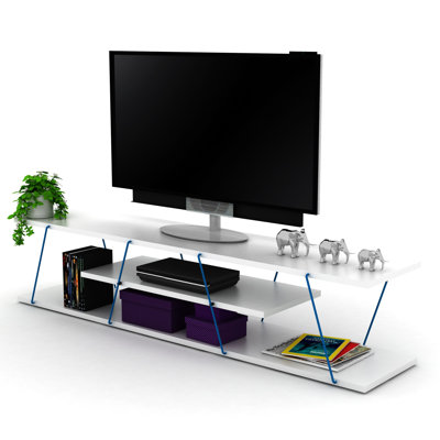 Meuble télé avec 4 tablettes ouvertes, meuble télé de 56 po de style Mid-Century et meuble télé blanc et bleu