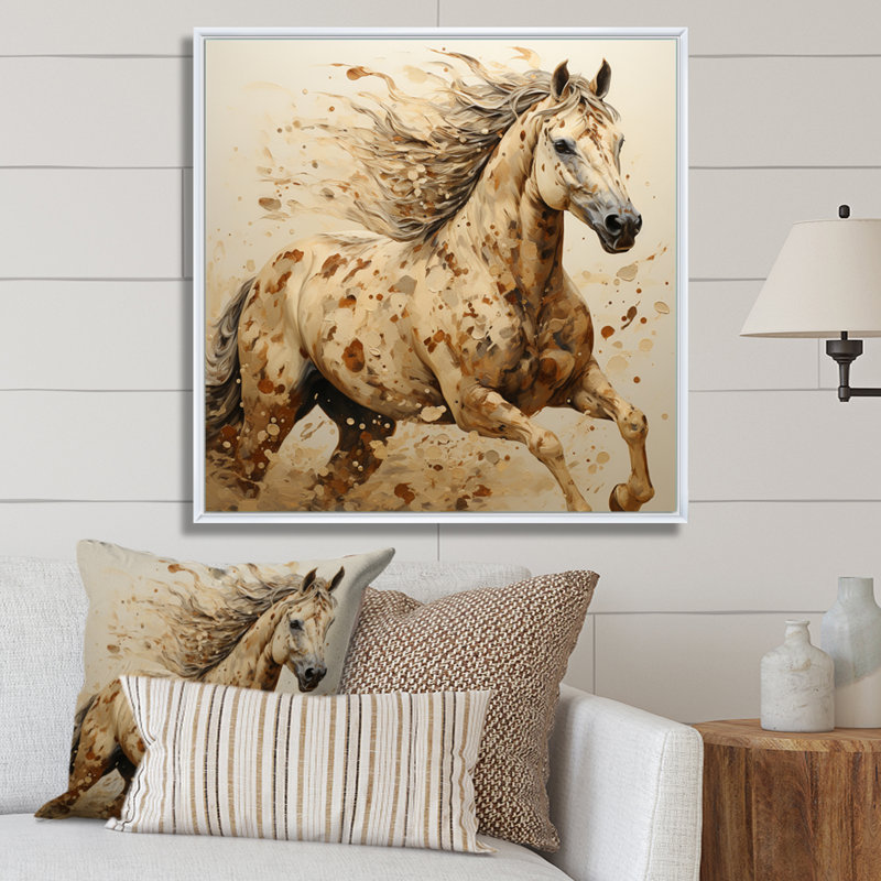 Beige cheval harmonieux pointillisme - imprimé, Cadre flottant blanc, H 36 po x l 36 po x P 1,5 po