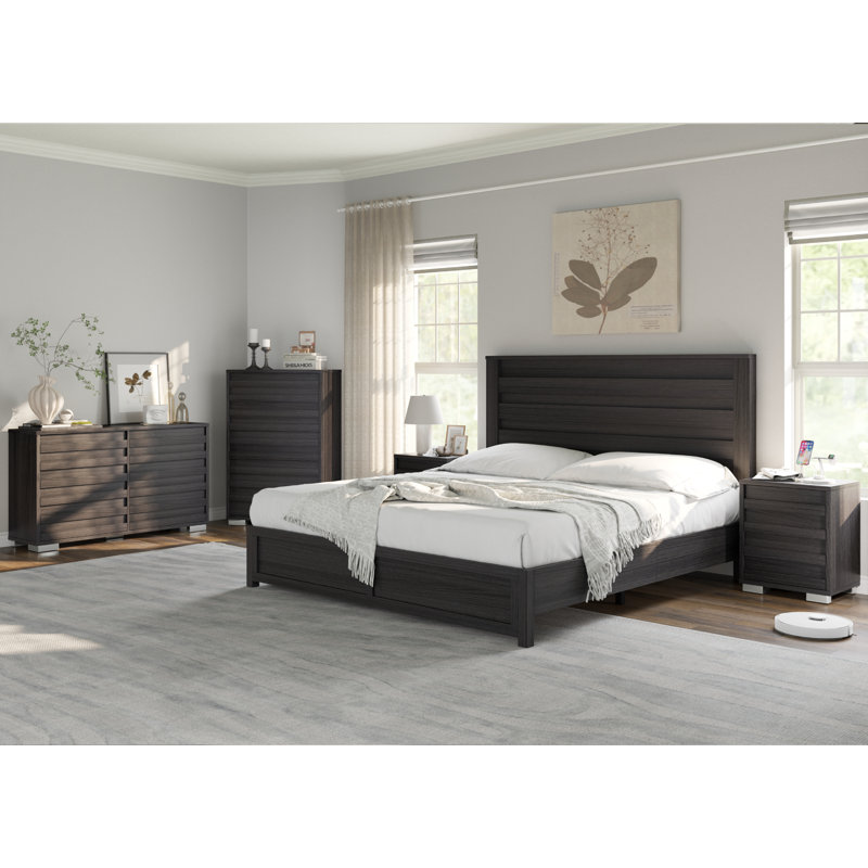  Ensemble de chambre à coucher avec très grand lit de 5 pièces Louby, noir, Noir, Très grand