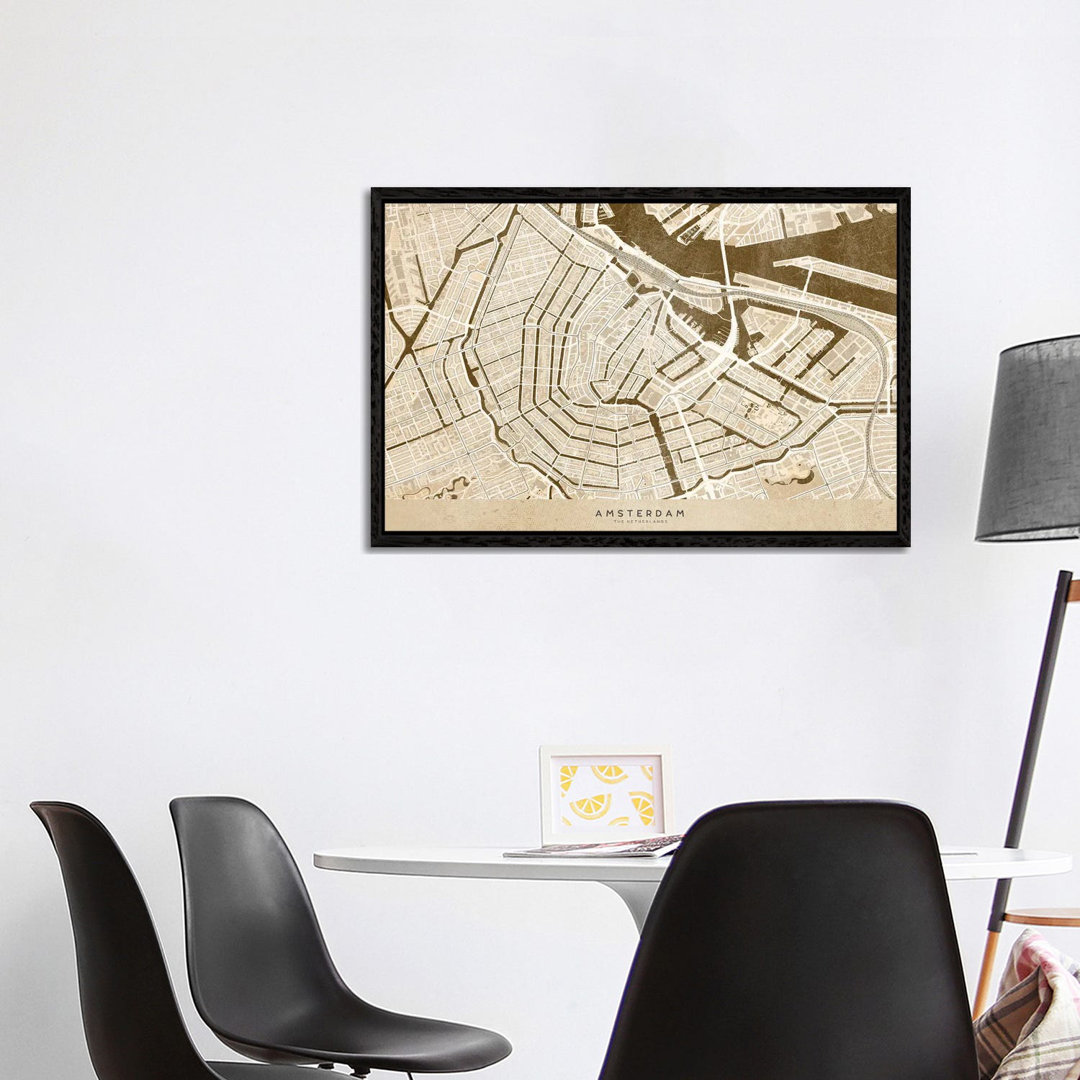 Sepia Vintage Map Of Amsterdam von Blursbyai - Galerie-verpackte Leinwand Giclée