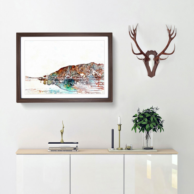 Docked Boats in Ballstad Norway in Abstract - Picture Frame Painting Print, 62cm H x 87cm W x 2cm D, Walnut Framed
