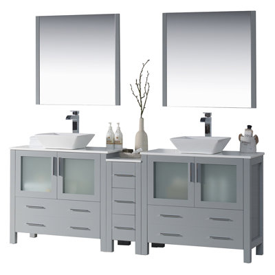 Mance 84.88 " W Freestanding Standard Free Standing Single Double Vanity Bathroom Vanity With Ceramic Top with Mirror