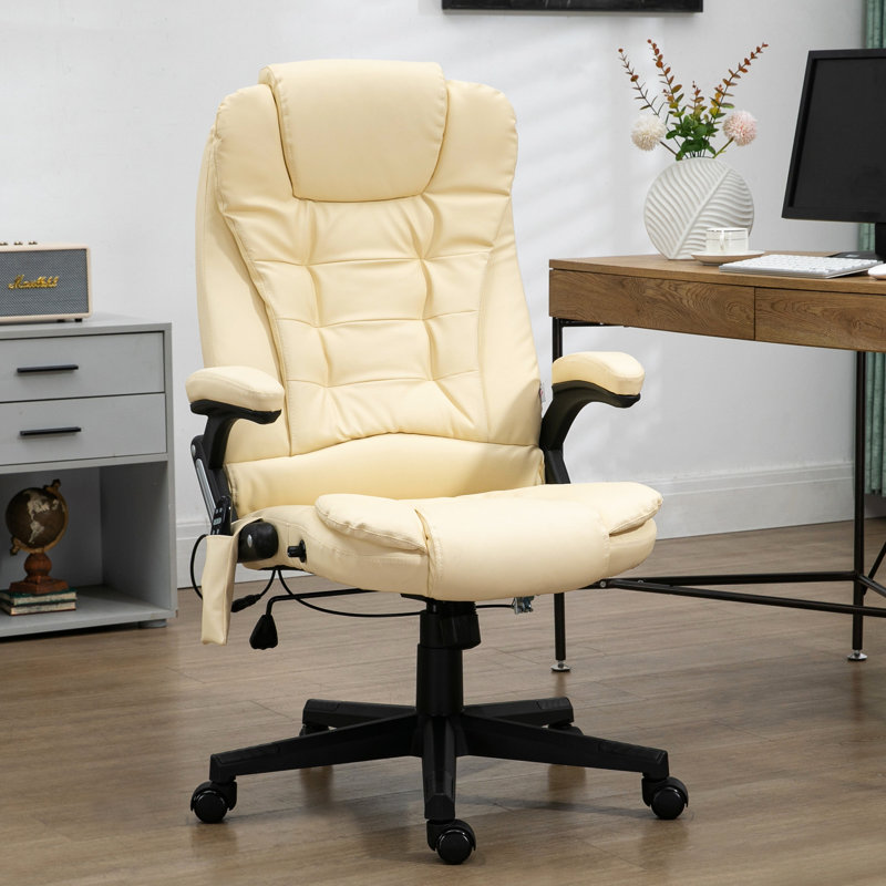 Fauteuil d'ordinateur en cuir beige avec chauffage et vibration, accoudoirs, télécommande pour un massage apaisant du bureau de travail 6 vibrations, accoudoirs inclinables chauffants tout confort