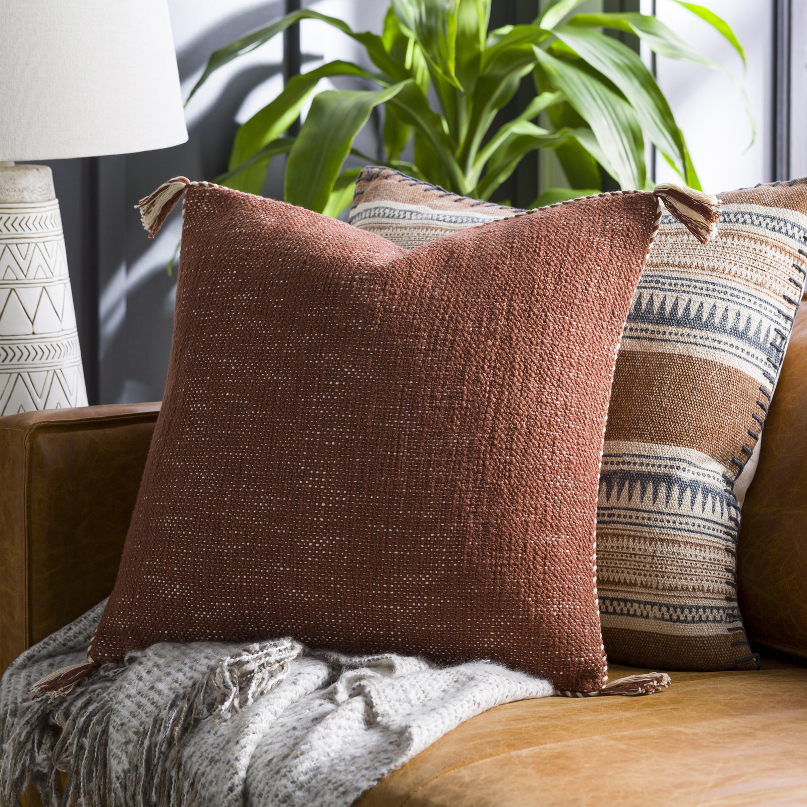 Tenor Tassels Throw Pillow, 22"H x 22"W, Down, Cream/Black