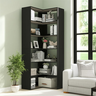 Bibliothèque d'angle à 6 niveaux, bibliothèque de coin en bois rustique - Design en forme de L peu encombrant - Étagère de rangement ouverte pour le bureau personnel, le salon, la chambre à coucher - noir industriel