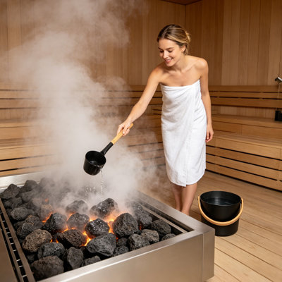 Large Sauna Bucket and Ladle Set, 1.1 Gallon Black Aluminum Pail with Long Bamboo Handle for Home Sauna