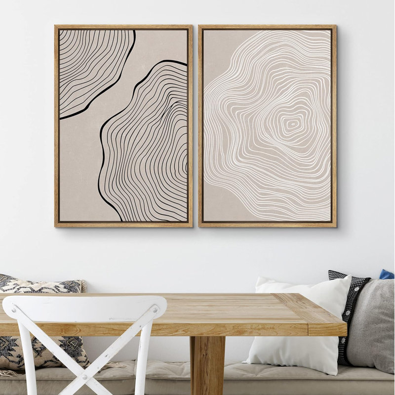 «Black Tan White Tree Wood Ring Collage Nature Modern Art Rustic On Canvas», reproduction de 2 pièces, Cadre naturel flottant