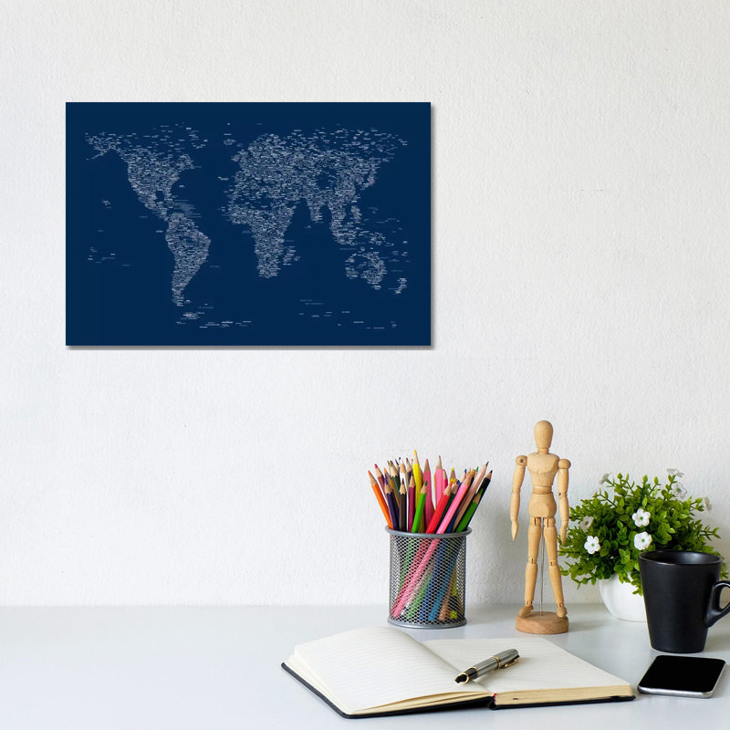 Font World Map (Blue) by Michael Tompsett - Wrapped Canvas Print, 20.32 cm H x 30.48 cm W
