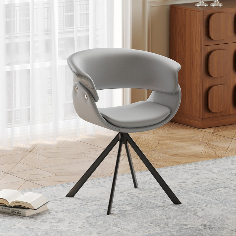 Modern Swivel Dining Chair With Armrests, Gray Faux Leather, Black Stainless Steel Legs, For Dining Room & Study