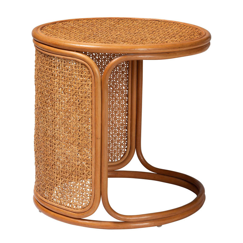 Table de bout bohème en rotin avec tissage géométrique et plateau rond