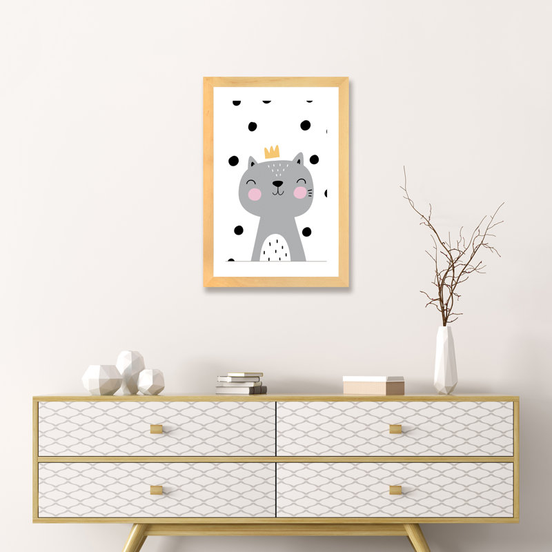 Chat avec couronne gris à pois - impression d'art graphique, H 24 po x l 16 po x P 1 po, Papier avec cadre beige, Blanc