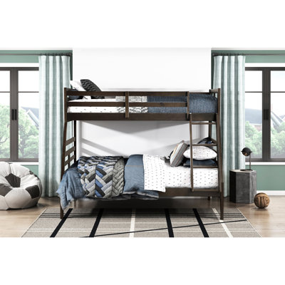Lit simple superposé au dessus d'un lit double, finition brun foncé classique, matériau en bois, garde-corps pour le dessus, sans sommier, 300 lb par lit avec bois, rails, sommier, sommier à matelas de 6 pouces, capacité