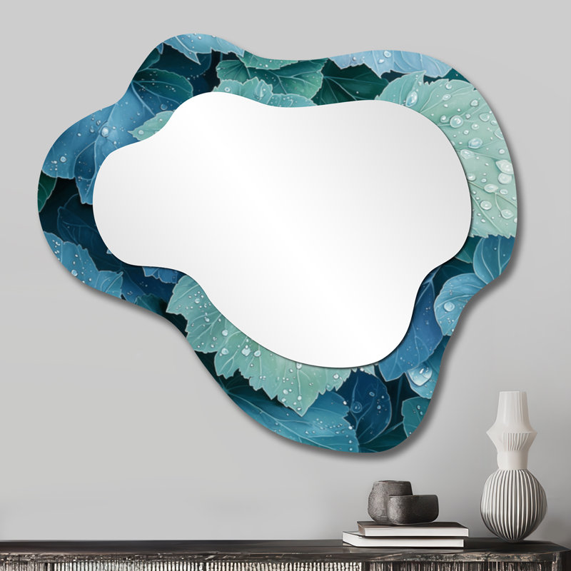 Morning Dewy Leaves I - miroir mural asymétrique, miroir de coiffeuse traditionnel, imprimé sur métal, 25 po x 28 po