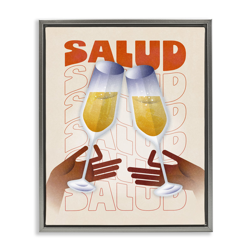 "Salud Cheers Champagne", art mural sur toile flottante par Victoria Barnes, Cadre flottant gris lustré, H 21 po x l 17 po