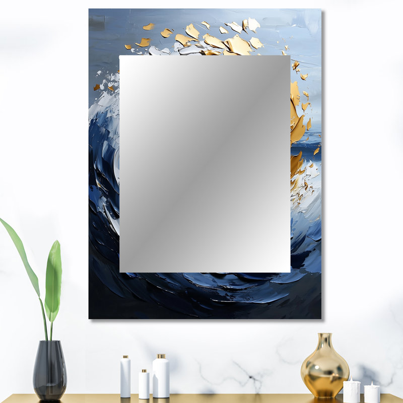 Gold And Blue Turbulent Waters Spiral II - Abstract Spirals Decorative Wall Mirror, Modern Mirror, Printed Metal Art