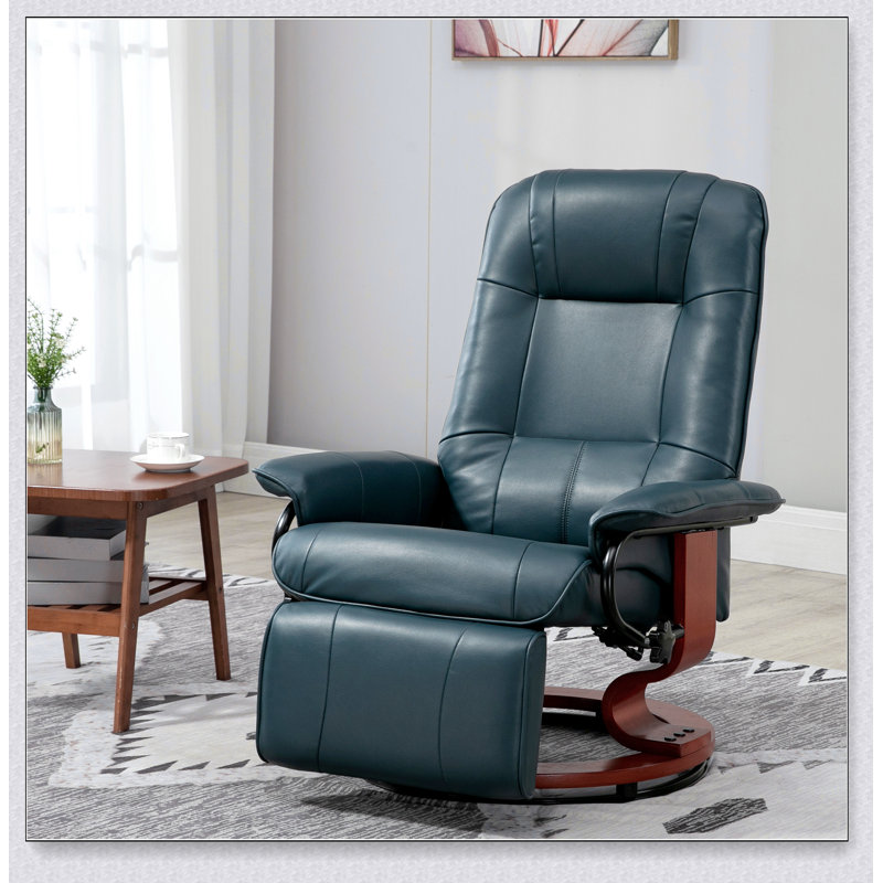 Faux Leather Manual Recliner With Swivel Wood Base Padded Armrest, Blue